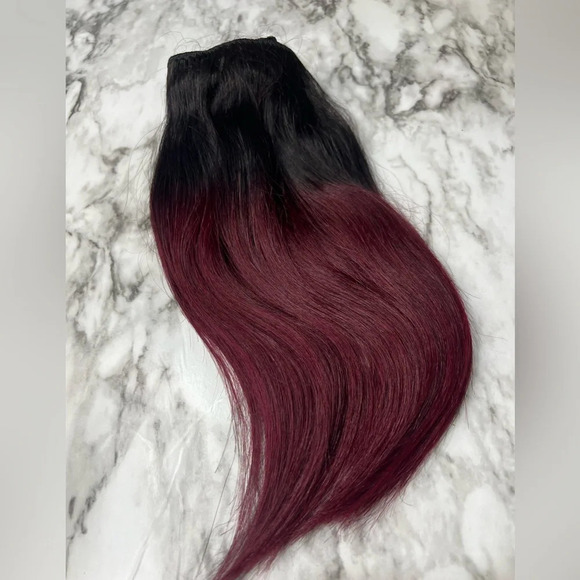 12 Inch Balayage  Black & Burgundy Red 100% Human hair Clip in Extensions - Picture 5 of 6